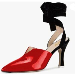 YDN Red Lace UP Mid Heels Sandals Pointed Toe D'Orsay Pumps Slingback Shoes